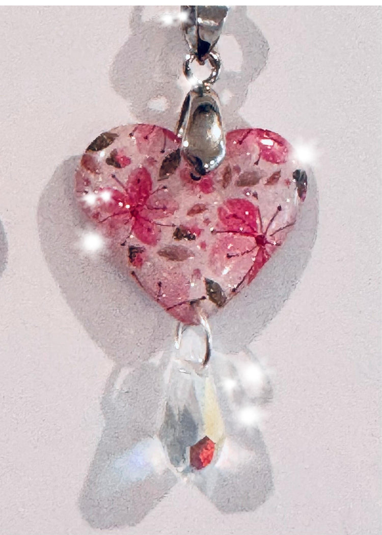 Small Pink heart floral drop earrings. Floral heart earrings.Tin can earrings.10th anniversary gift idea. Flower heart earrings with crystal