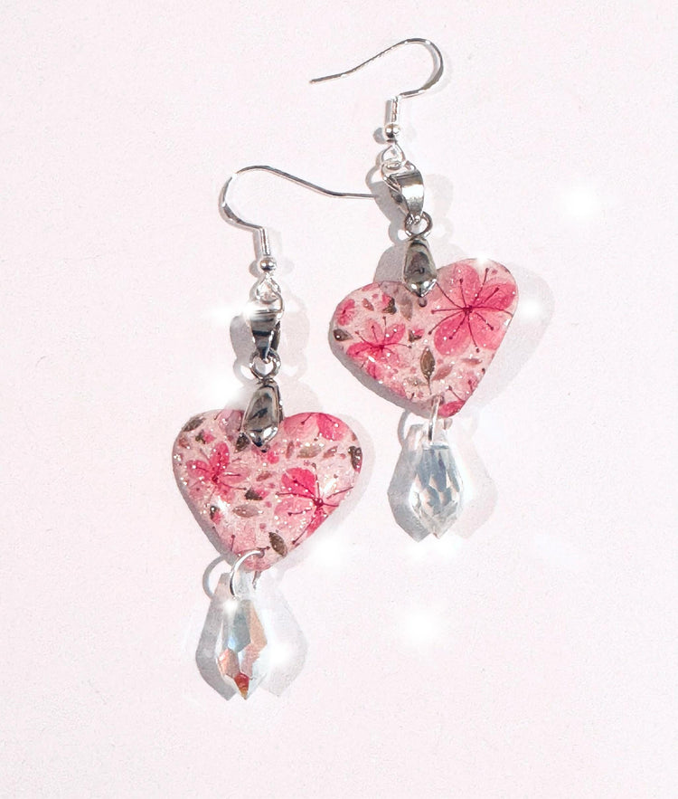 Floral heart earrings.Tin can earrings.10th anniversary gift idea. Flower heart earrings with crystal