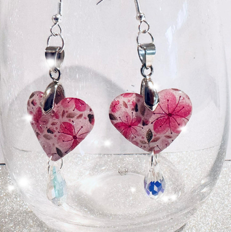 Small Pink heart floral drop earrings. Floral heart earrings.Tin can earrings.
