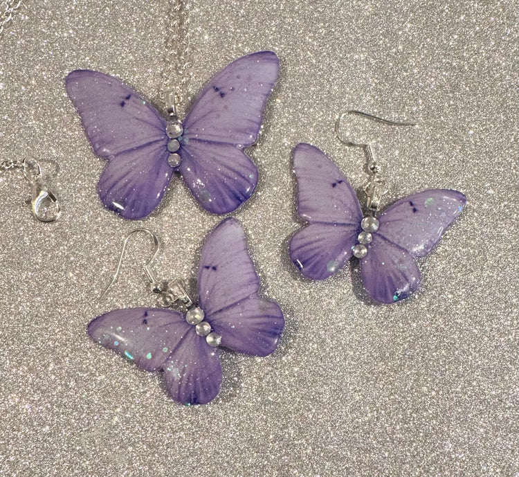 lilac butterfly earrings and pendant set. Sparkly purple butterfly jewellery. Butterflies