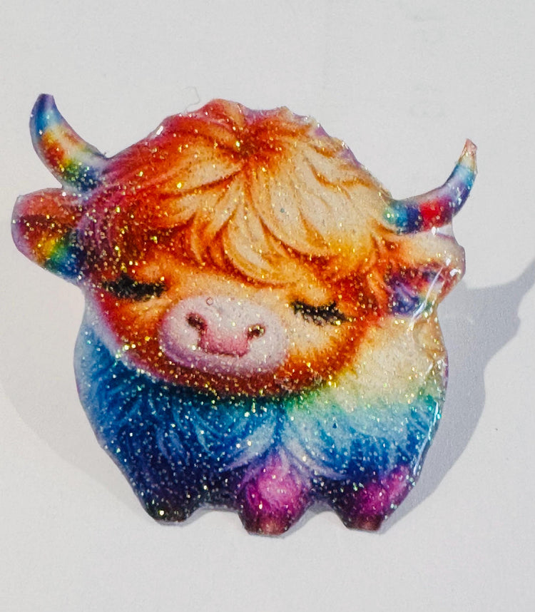 Colourful highland cow handmade brooch pin