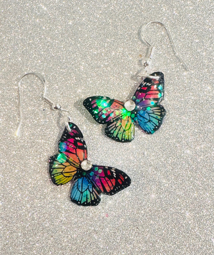 rainbow butterfly earrings handmade recycled tin colourful unique