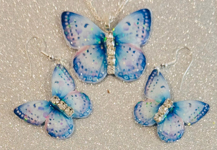 pretty blue and pink butterfly earrings and necklace