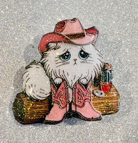 line Dancing fluffy white cat pin, magnet