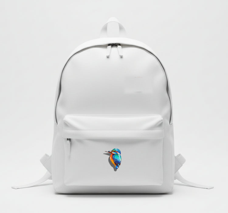 pretty blue Kingfisher enamel pin made from recycled tin cans