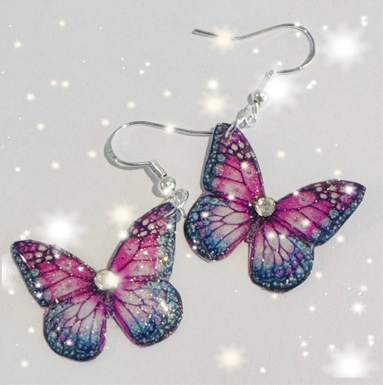small pink and purple butterfly dangle earrings