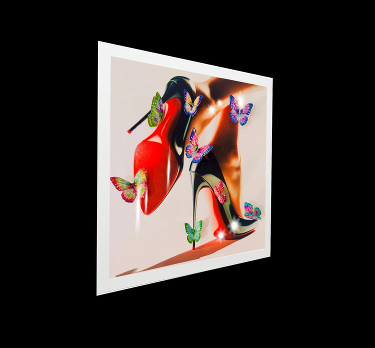 Louboutin shoes framed picture with 3d butterflies. Handmade