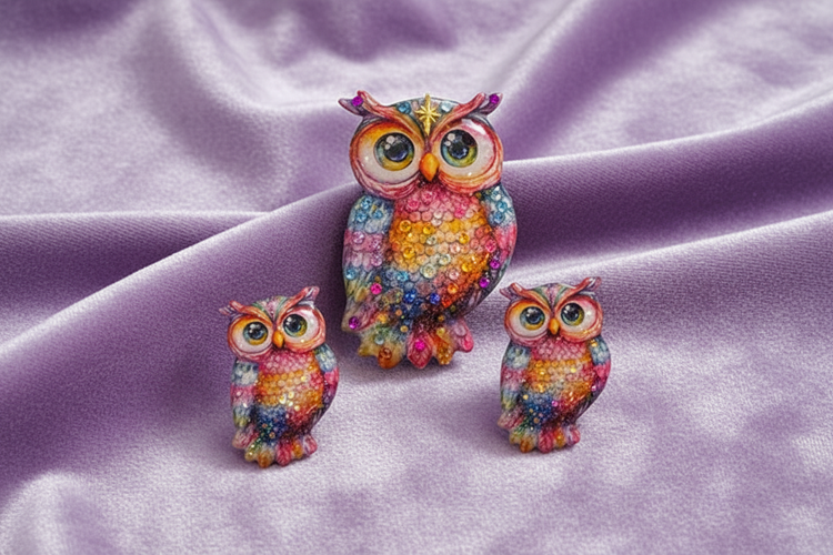 Colorful owl-shaped brooches handmade