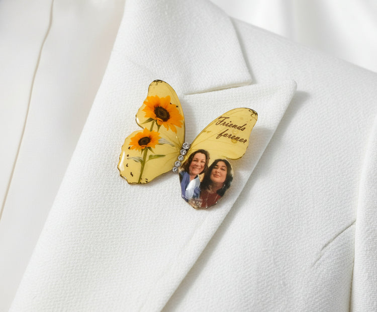 photo brooch of a butterfly, personalised wording