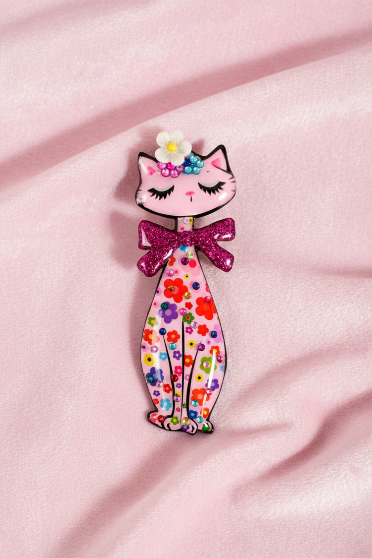 pink Retro tall cat brooch