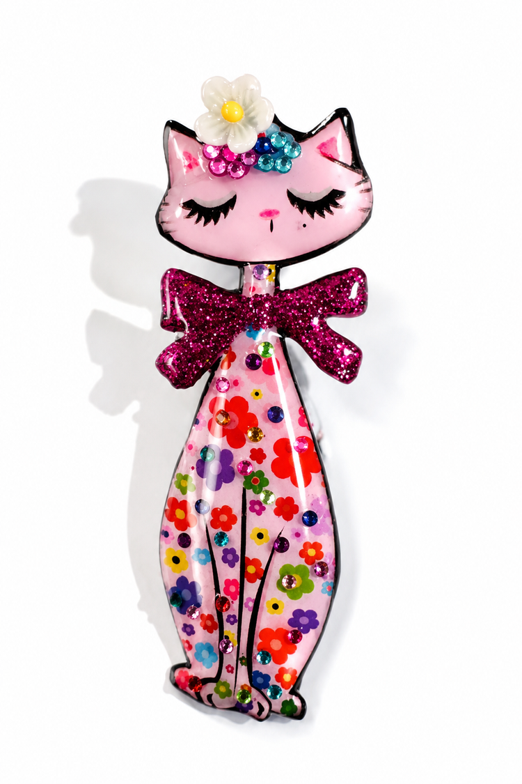 pink Retro tall cat brooch handmade