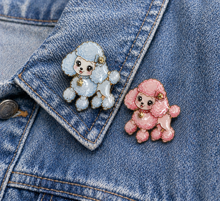 pink and blue Poodle dog enamel pins by Flutterframes