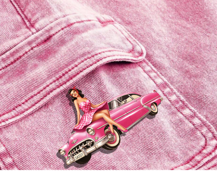 Novelty brooch. Retro
Cadillac Car Brooch: American Pin up girl.Fashionable brooch.