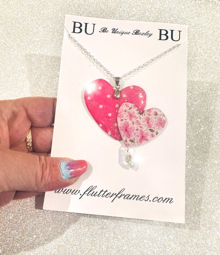 Double Pink heart pendant. Polka dot and floral heart necklace.Pink wonky heart earrings Funky.Tin can earrings.10th anniversary gift