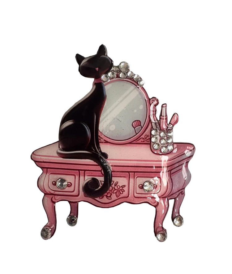 pink retro black cat on dressing table unique brooch handmade