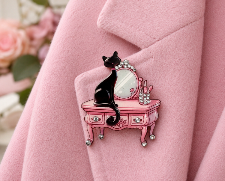 pink retro black cat unique brooch handmade
