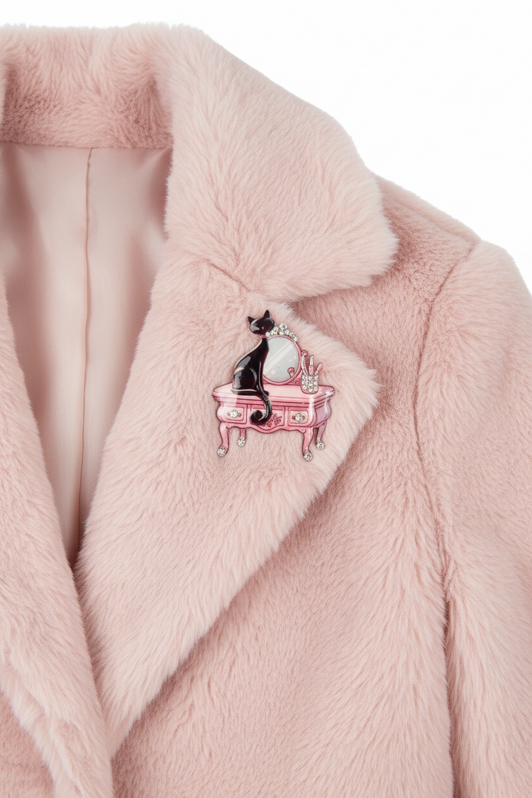 pink retro black cat unique brooch handmade by flutterframes