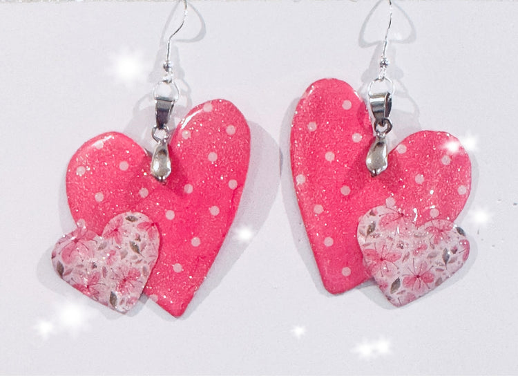 Pink heart drop earrings. Polka dot and floral heart