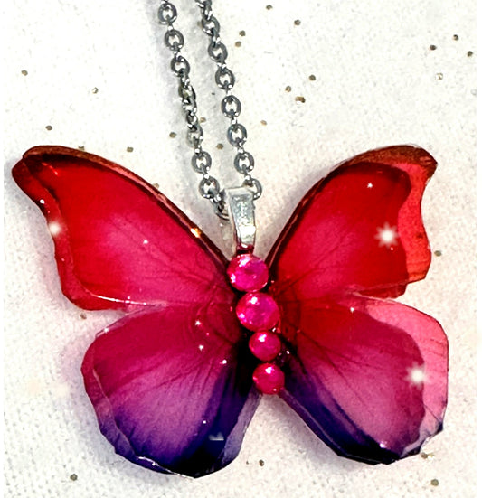 Pink double butterfly pendant. Pink and lilac iridescent resin butterfly necklace