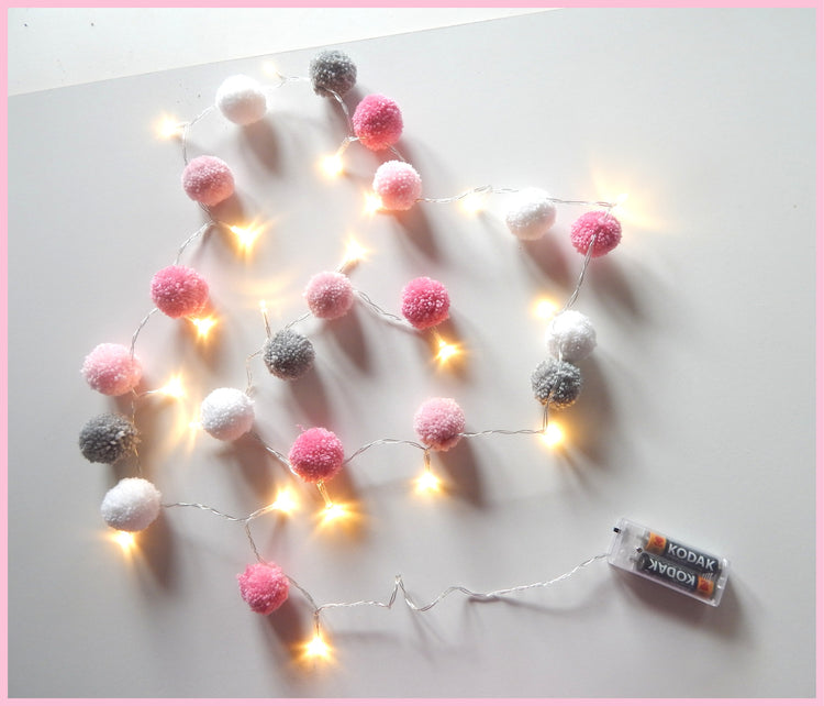 pink, grey and white colours pom pom fairy lights for baby room