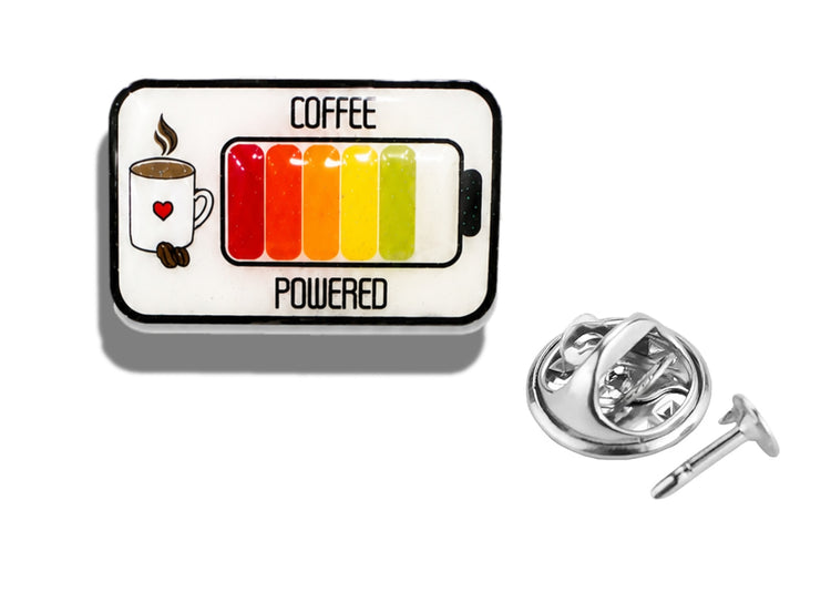Coffee-themed power bank with a coffee cup icon and battery indicator, enamel pin