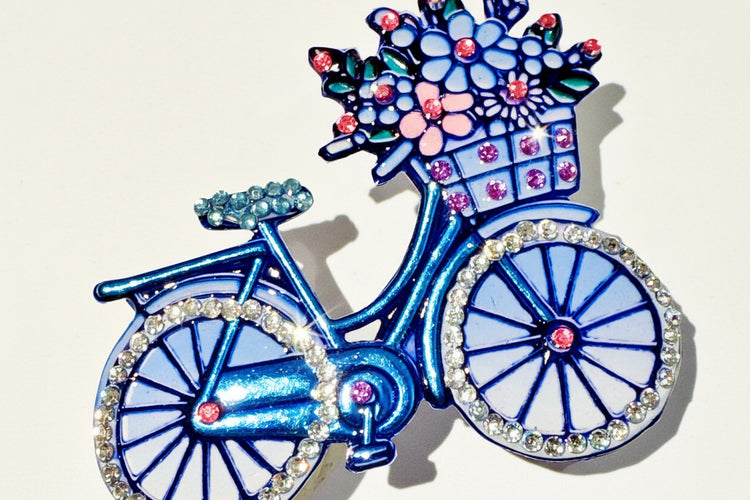blue bicycle brooch with flowers and rhinestones