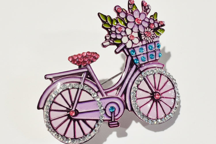 purple bicycle brooch, handmade with flowers and rhinestone