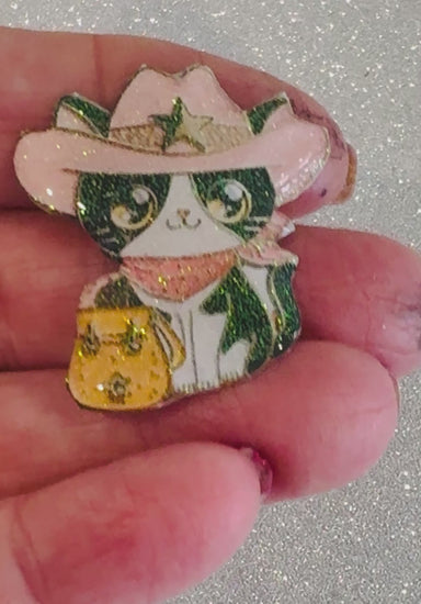 Cute cowboy cat enamel Pin or magnet. Line dancing cat made from tin cans