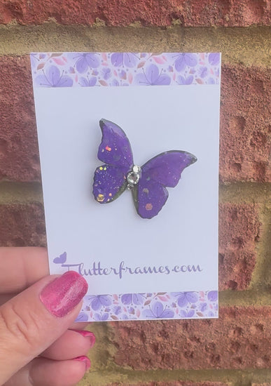 Unique 10th anniversary present, gift purple butterfly pin badge brooch made from tin cans by Flutterframes