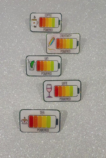 Coffee tea gin wine powered. addict pin badge brooch recycled tin cans