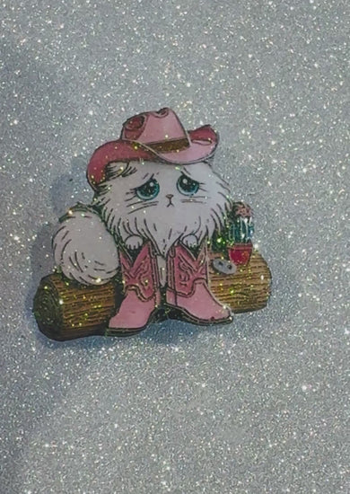 fluffy white line dancing cat enamel pin, magnet