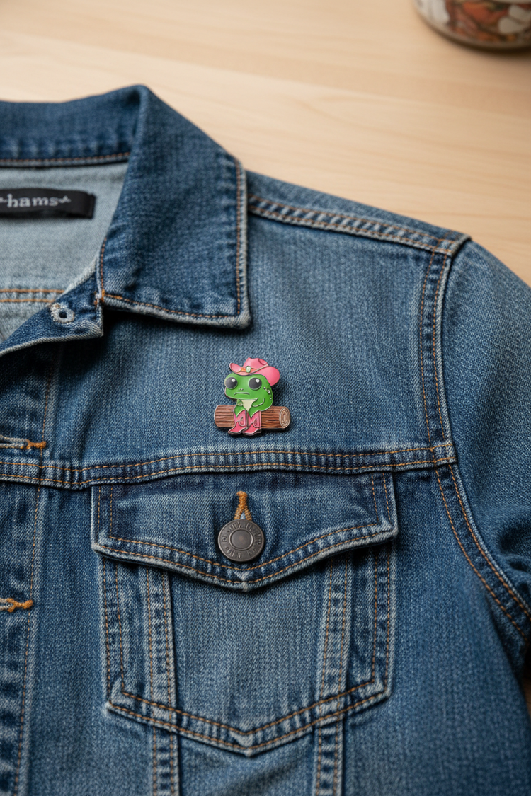 quirky green frog cowboy Pin or magnet.