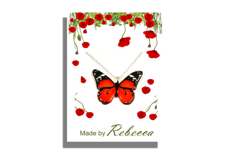 Red butterfly pendant.Lesser Wanderer butterfly necklace