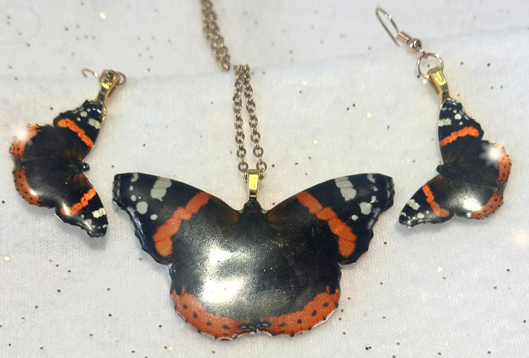 Red Admiral resin jewellery pendant and earrings