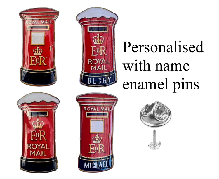 Royal Mail letter box enamel pin badge, personalised with name
