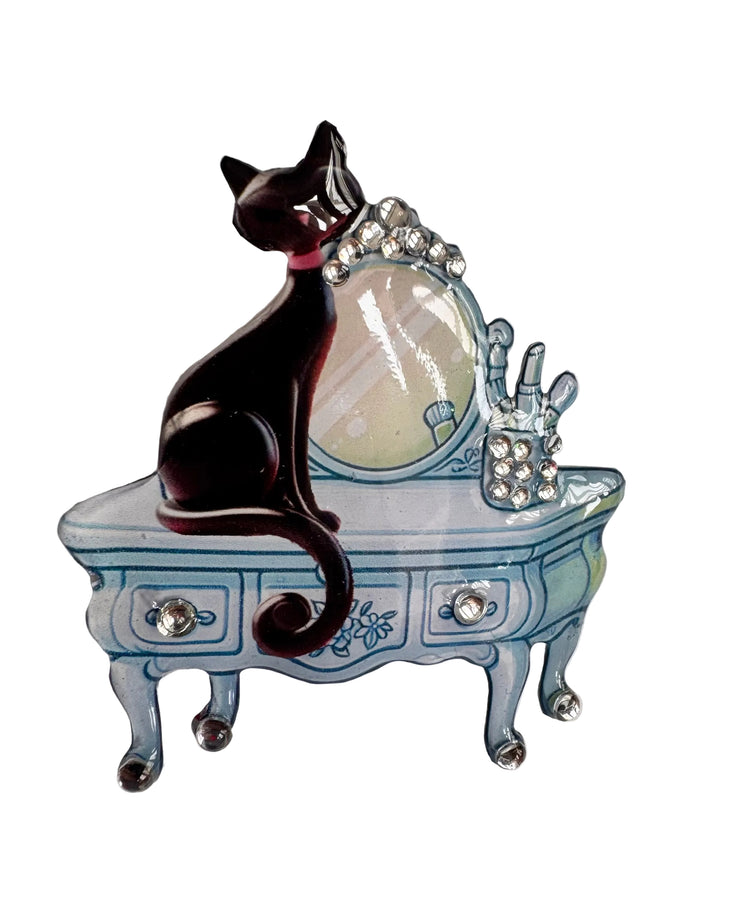 retro black cat on blue or pink brooch