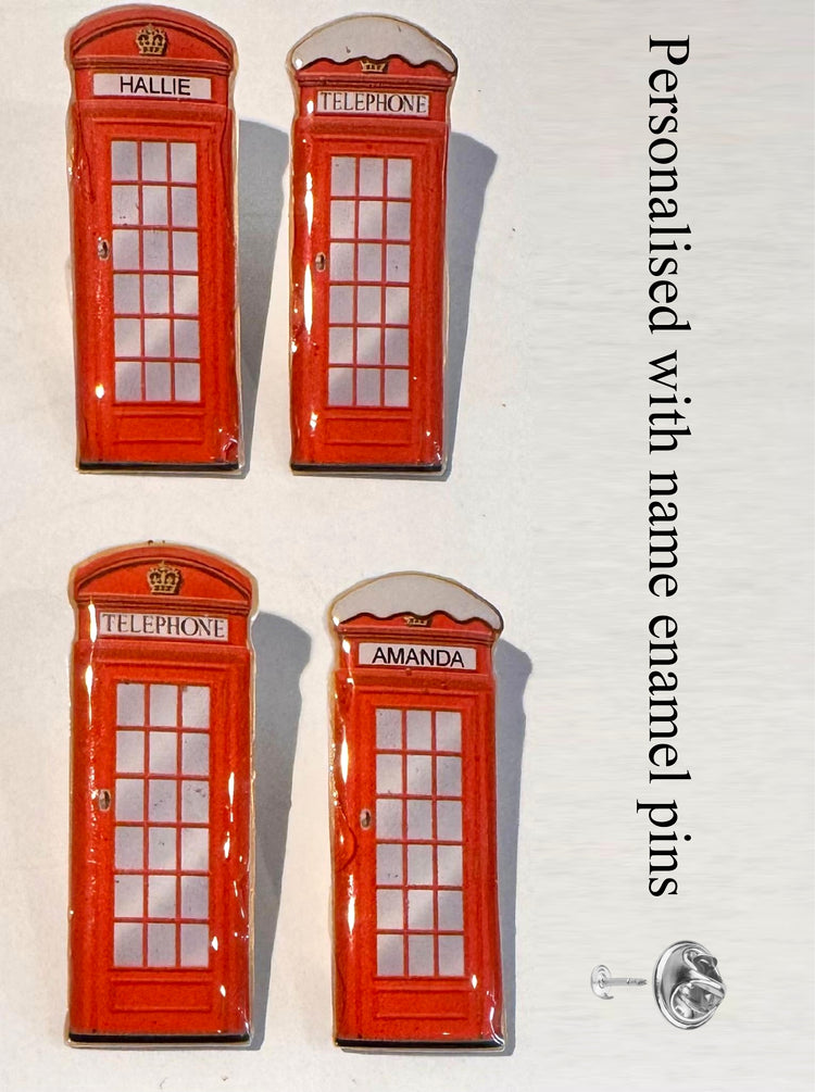Red Telephone Box Handmade Enamel Pin – Personalised with name - Upcycled Recycled Tin Can Pin - Vintage GPO red London telephone box