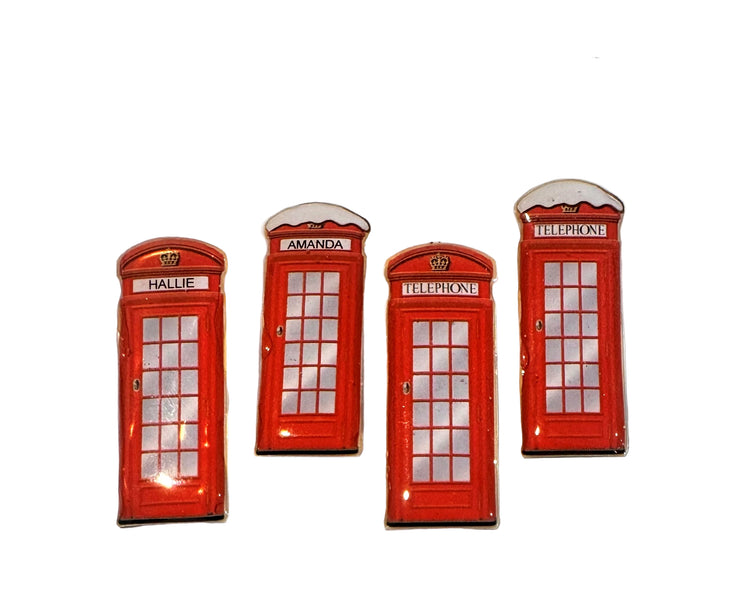 red telephone box enamel pin handmade from tin cans, personalised with names
