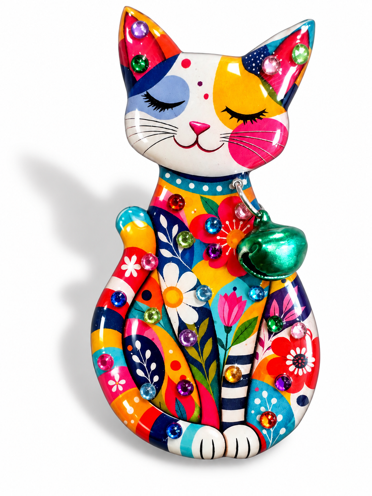 retro vibrant cat brooch with bell handmade