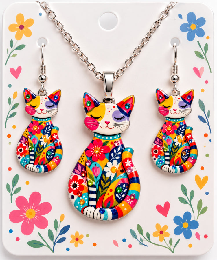 1950's multi-colour funky cat earrings and pendant .unique jewellery, made with recycled tin cans