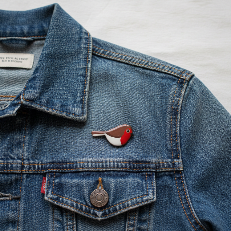 Blue denim jacket with a a robin on it