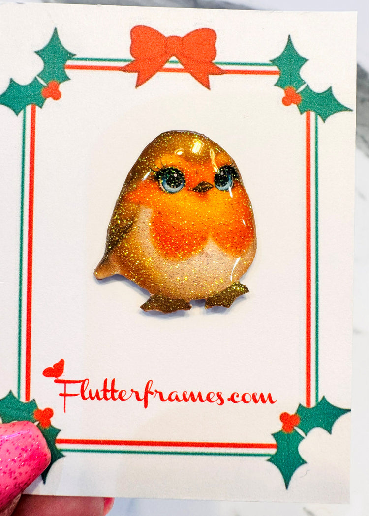 Handmade Robin enamel pins. Christmas Robin Pin lapel brooch. Sparkle Robin Red breast