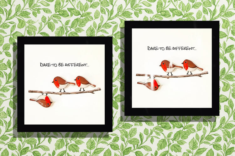Mini framed picture. Robins . Tin can art. Eco friendly