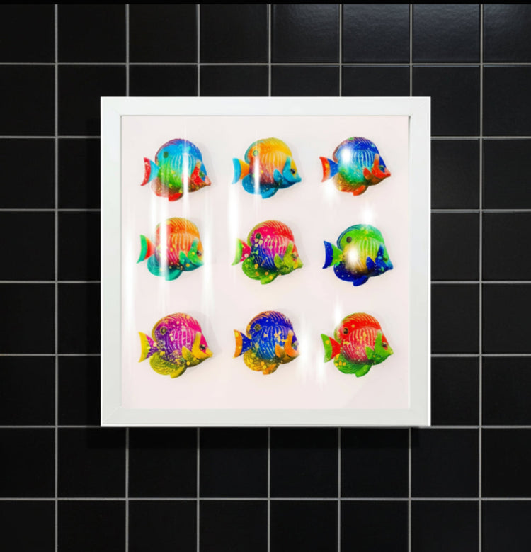 Colourful Tropical Fish box framed picture. Tropical fish tin can framed picture.. Upcycled