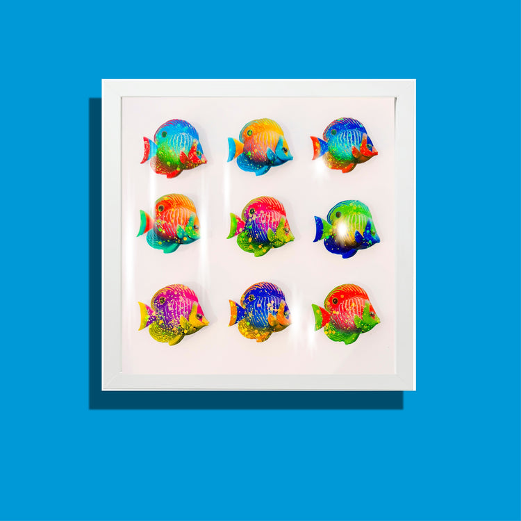 Colourful Tropical Fish box framed picture. Tropical fish tin can framed picture.. Upcycled