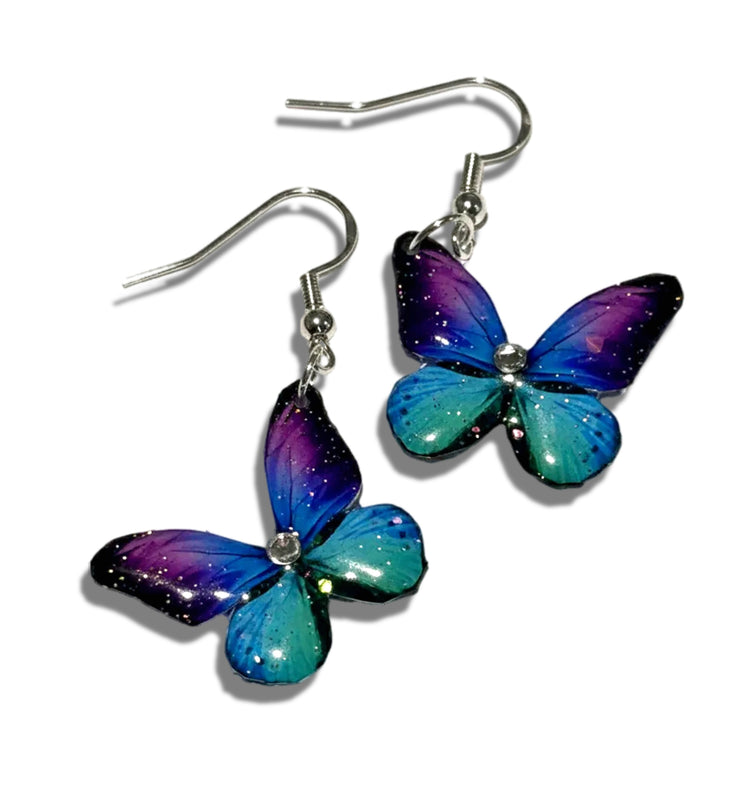 Turquoise and purple butterfly earrings.