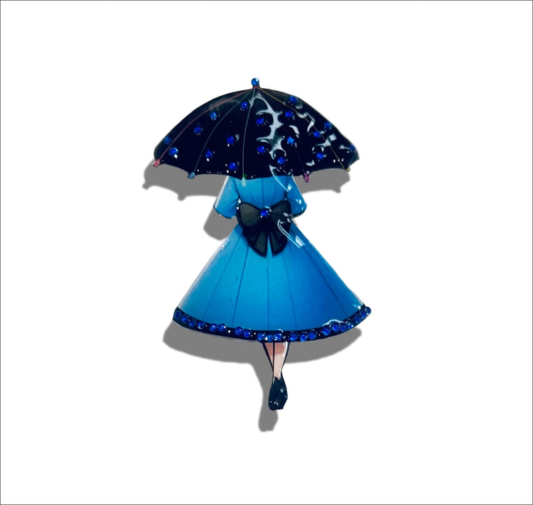 Retro Woman in blue with Umbrella Statement brooch