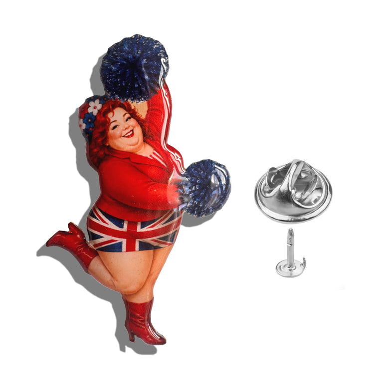 Union Jack cheerleader with pom-poms enamel pin