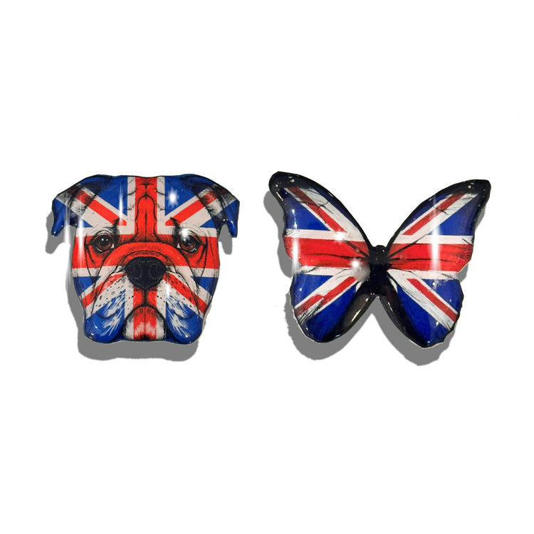 Union Jack British Bull dog and butterfly enamel pin. Proud to be British