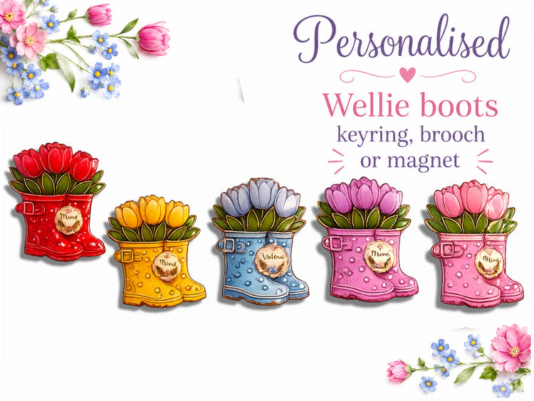 personalised wellie boots brooch, magnet, keyring